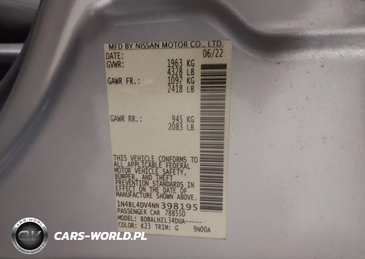 2022 Nissan Altima Sv Fwd VIN:1N4BL4DV4NN398195 - 9