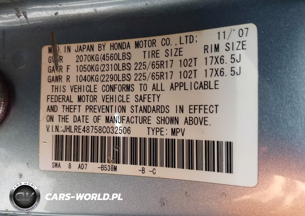 2008 Honda Cr-V Ex-L VIN:JHLRE48758C032506 - 9