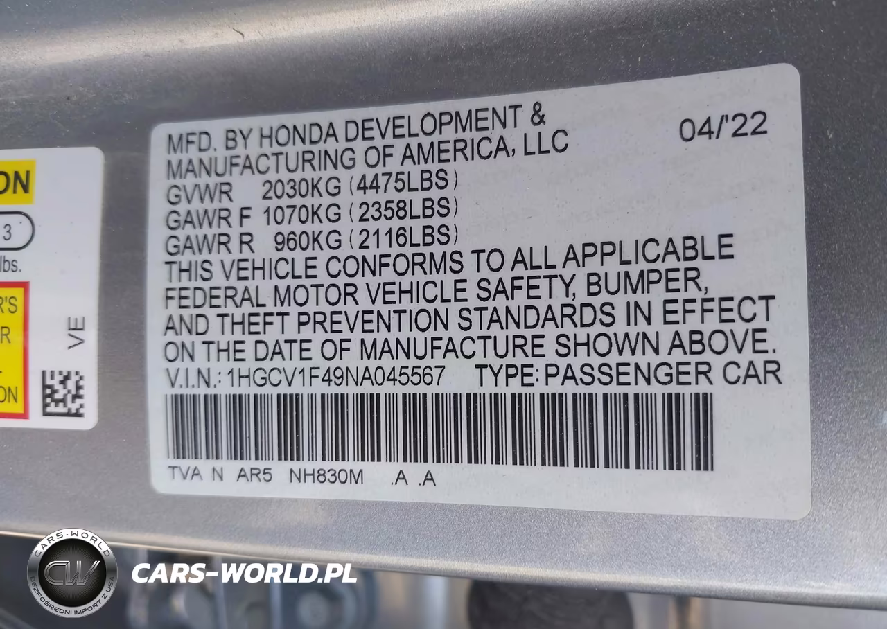 2022 Honda Accord Sport Special Edition VIN:1HGCV1F49NA045567 - 9