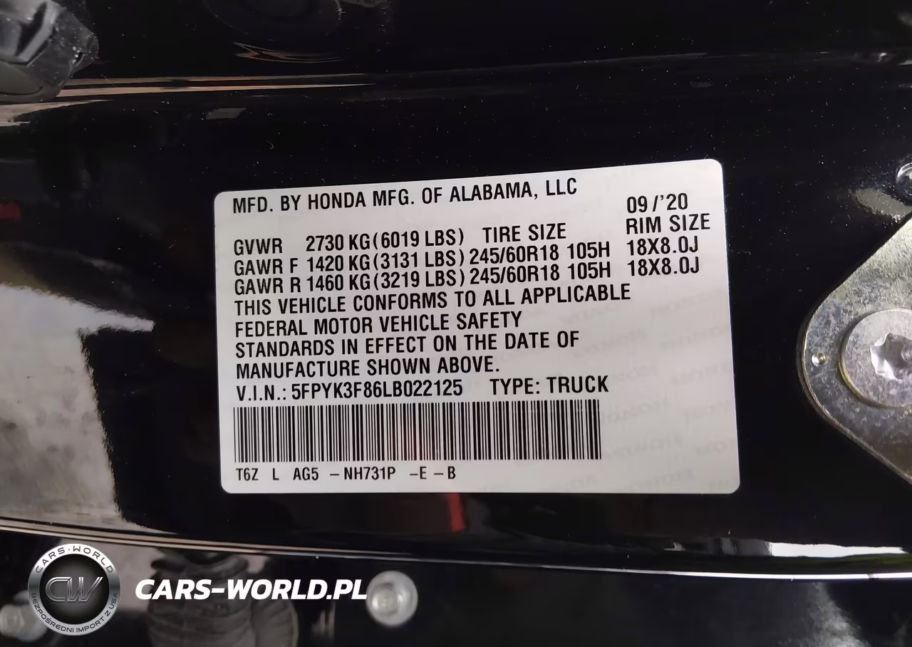 2020 Honda Ridgeline Black Edition VIN:5FPYK3F86LB022125 - 9