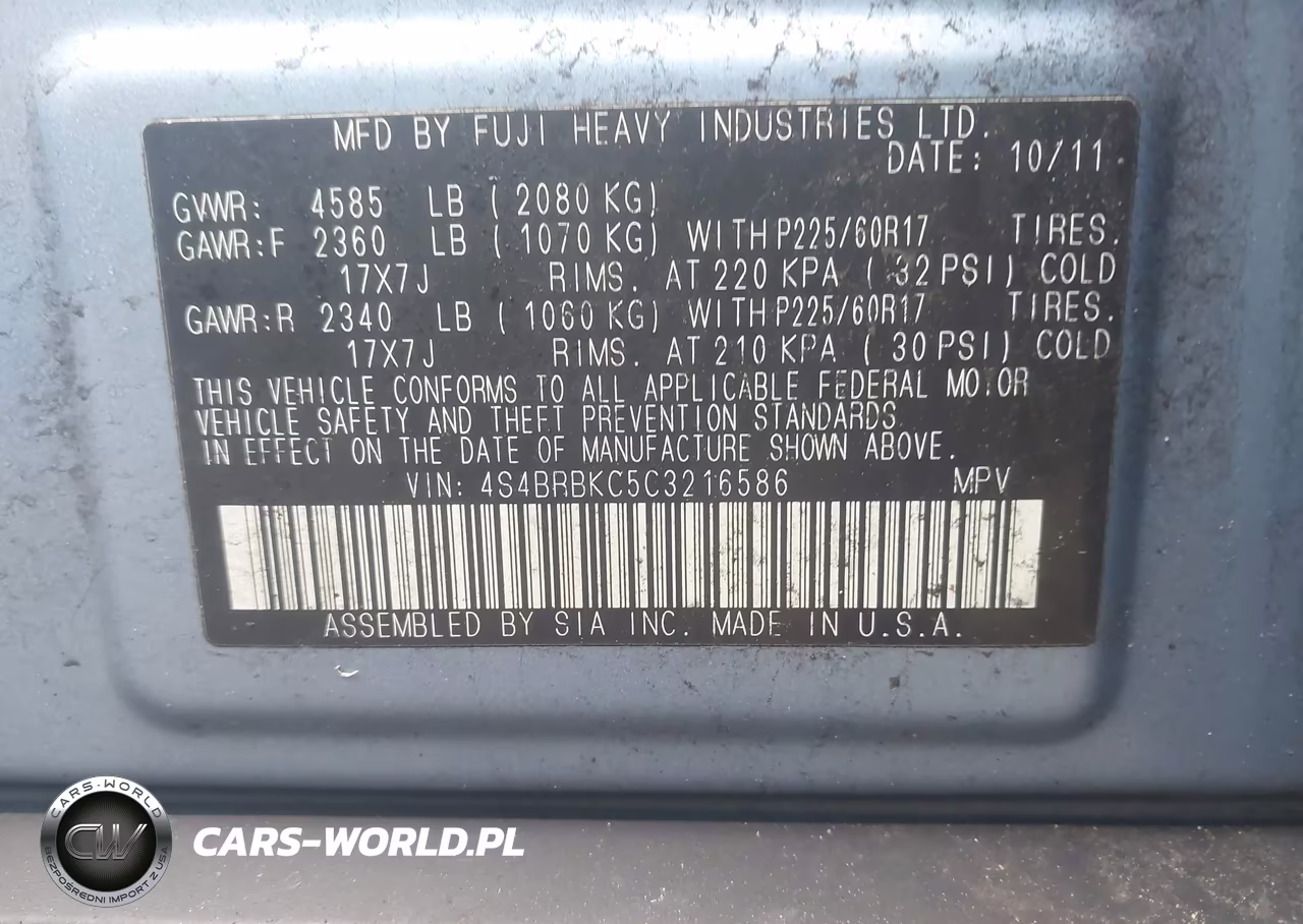 2012 Subaru Outback 2.5I Limited VIN:4S4BRBKC5C3216586 - 9