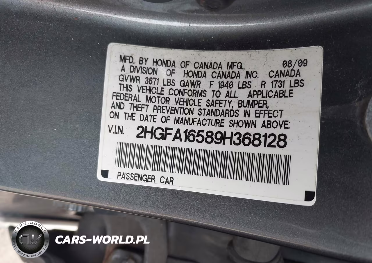 2009 Honda Civic Lx VIN:2HGFA16589H368128 - 9