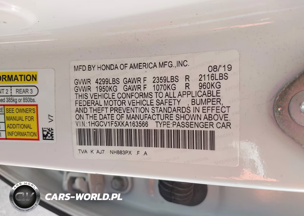 2019 Honda Accord Ex-L VIN:1HGCV1F5XKA163566 - 9