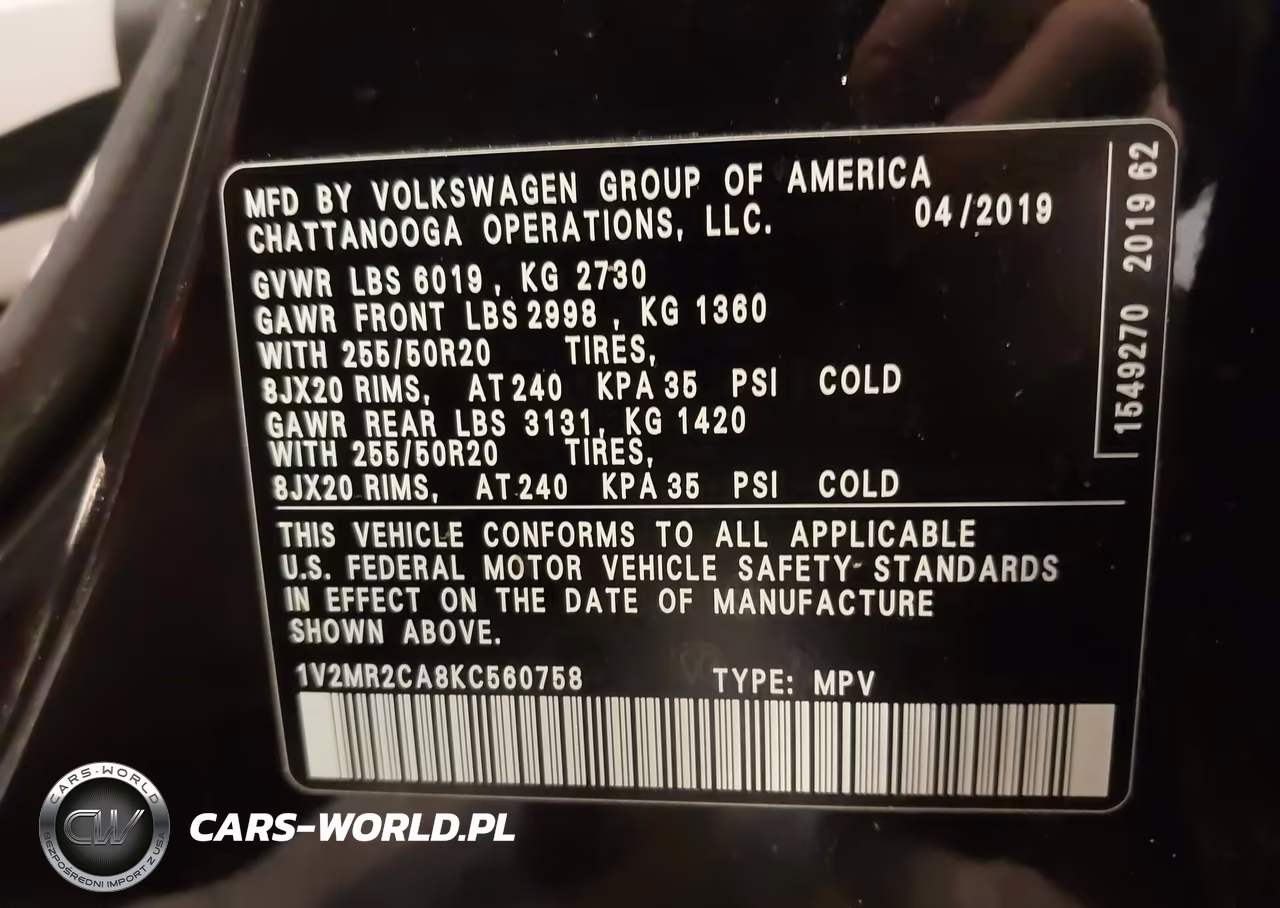 2019 Volkswagen Atlas 3.6L V6 Sel VIN:1V2MR2CA8KC560758 - 9