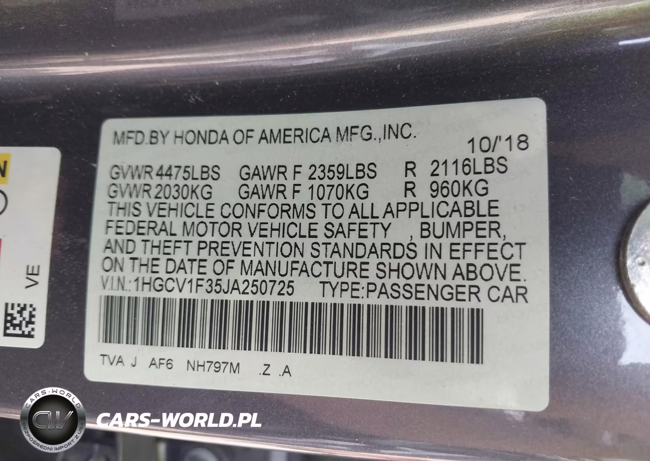 2018 Honda Accord Sport VIN:1HGCV1F35JA250725 - 9