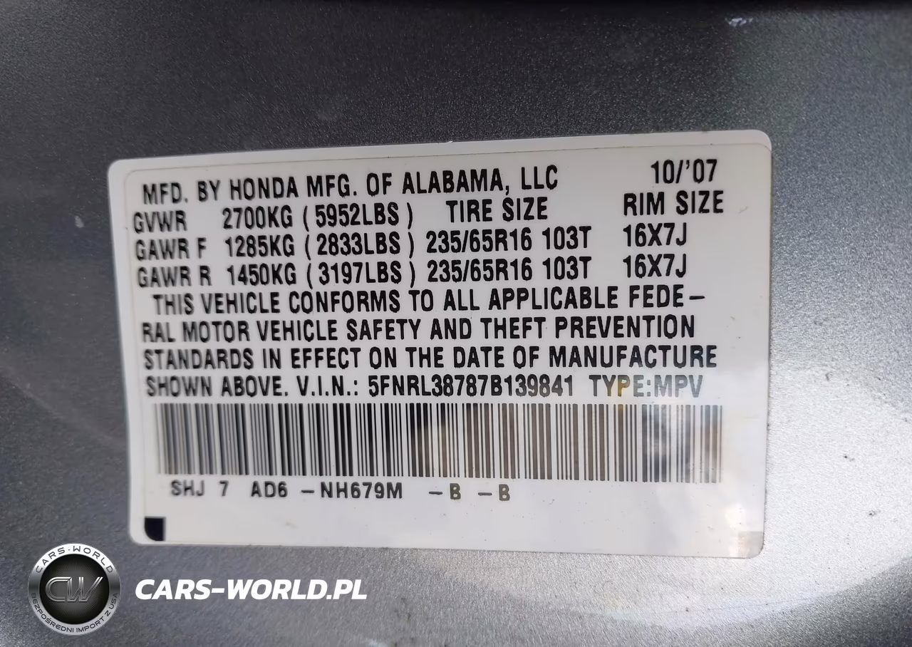 2007 Honda Odyssey Ex-L VIN:5FNRL38787B139841 - 9