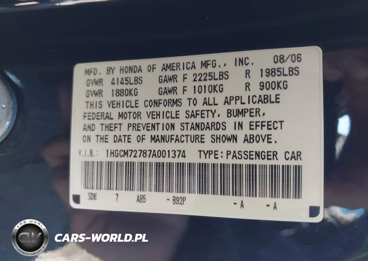 2007 Honda Accord 2.4 Ex VIN:1HGCM72787A001374 - 9