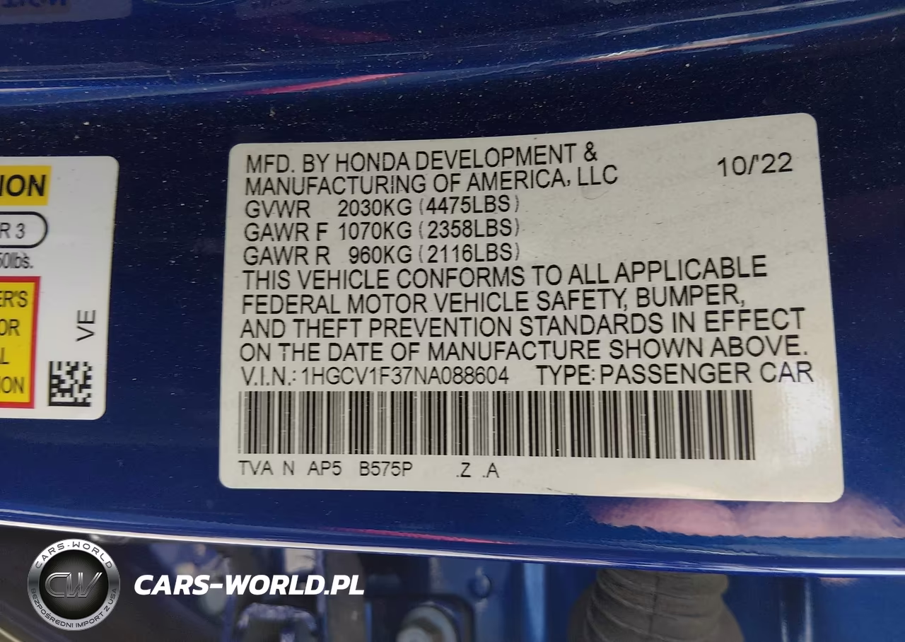 2022 Honda Accord Sport VIN:1HGCV1F37NA088604 - 9