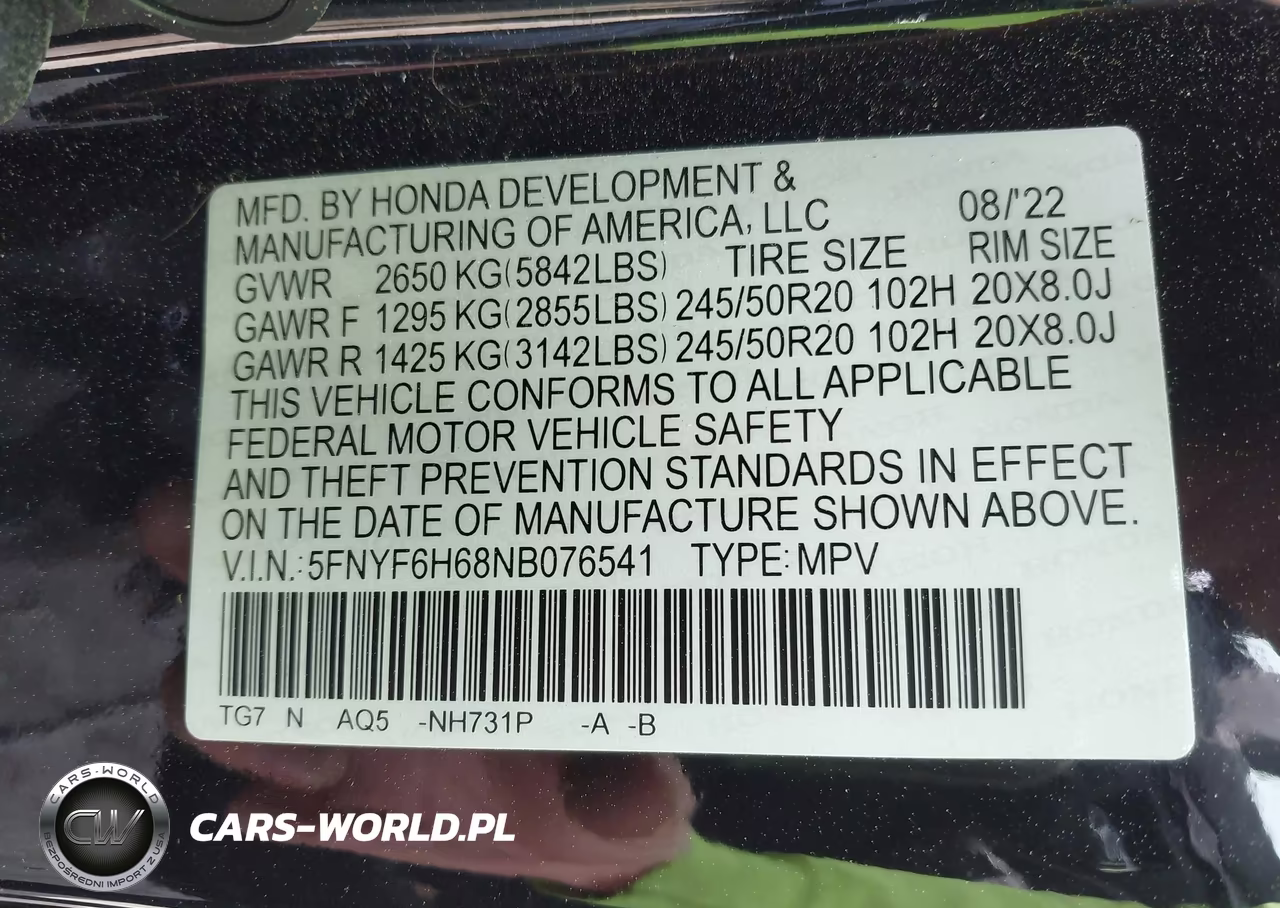2022 Honda Pilot Awd Touring 7 Passenger VIN:5FNYF6H68NB076541 - 9