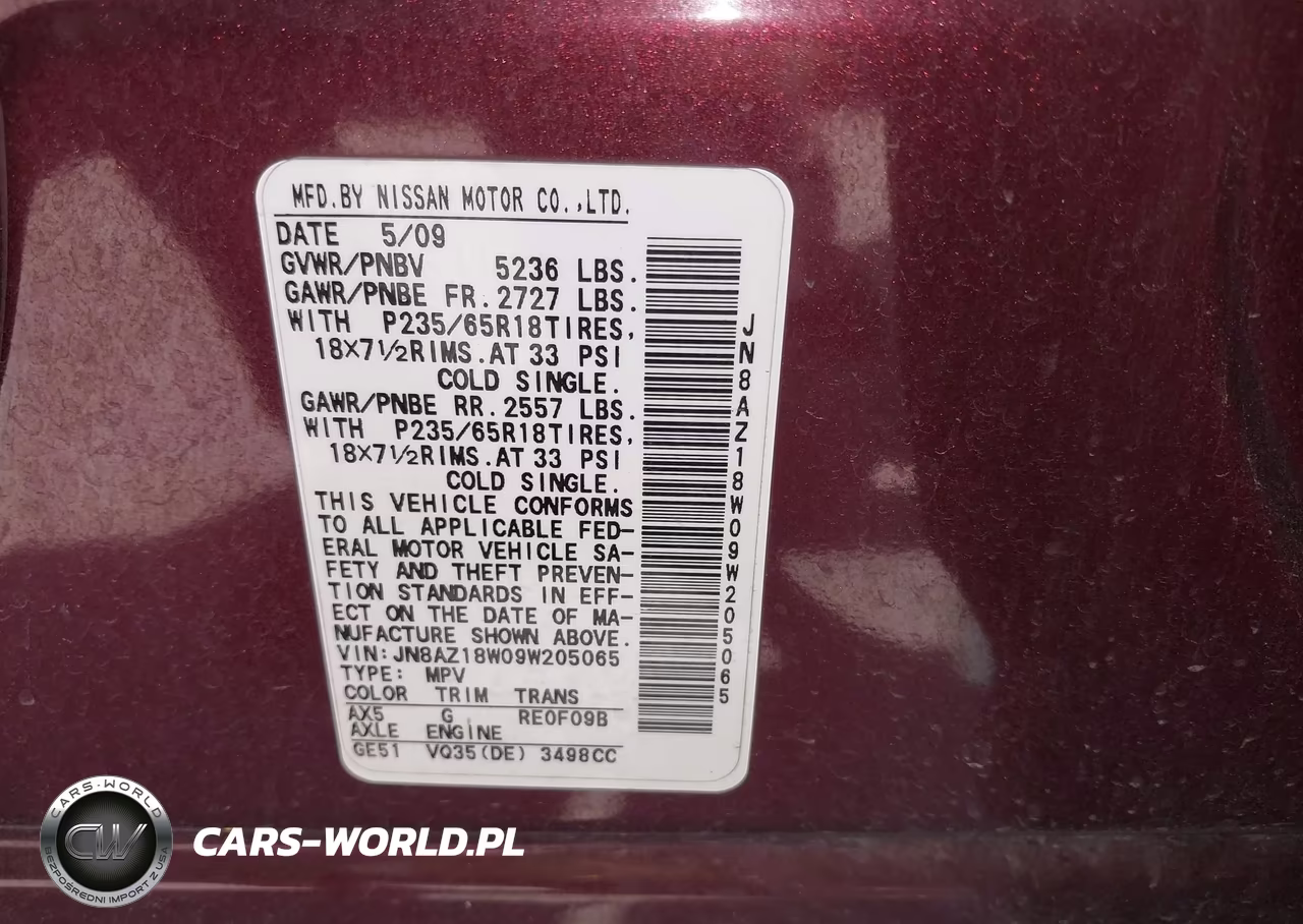 2009 Nissan Murano Sl VIN:JN8AZ18W09W205065 - 9