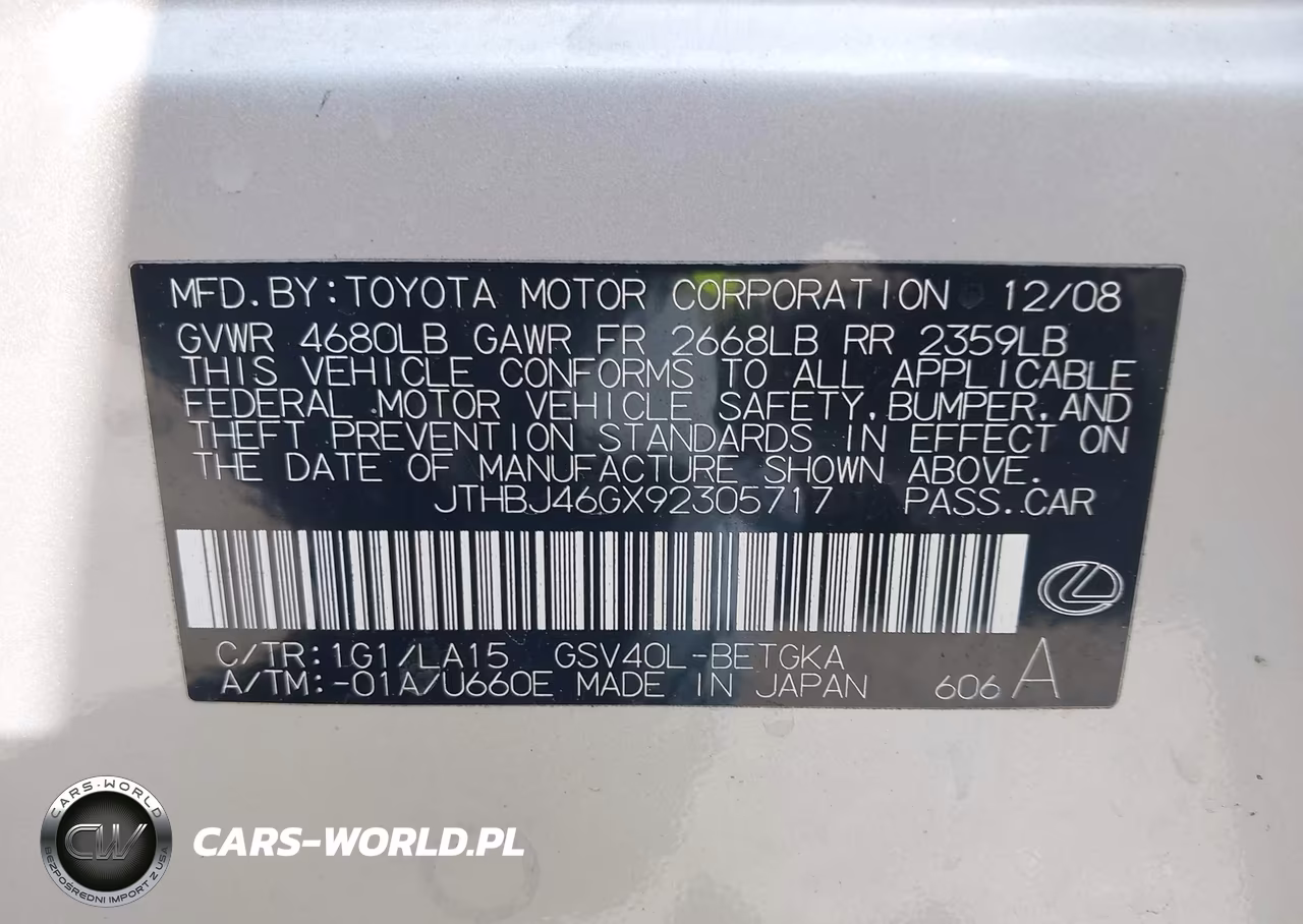 2009 Lexus Es 350 VIN:JTHBJ46GX92305717 - 9