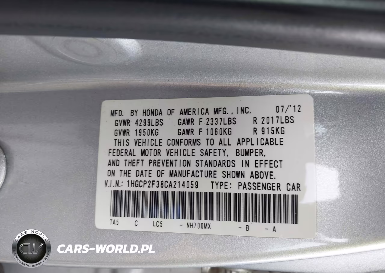 2012 Honda Accord 2.4 Lx VIN:1HGCP2F38CA214059 - 9