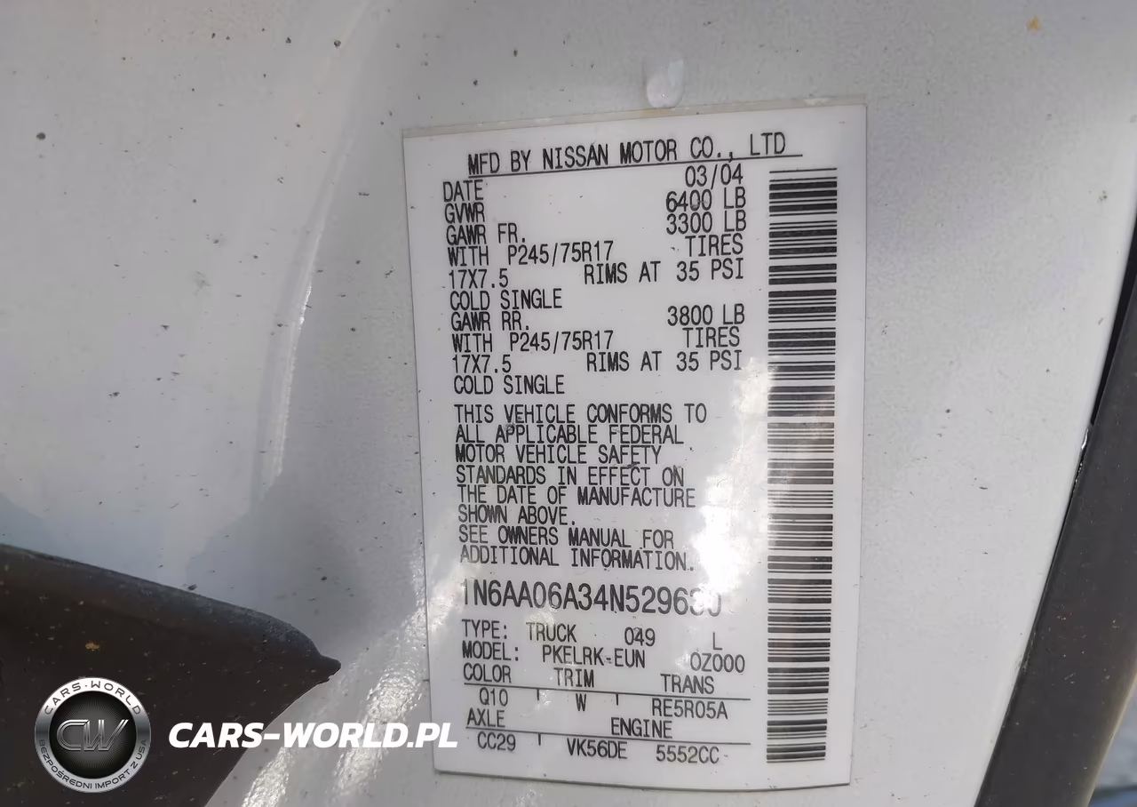 2004 Nissan Titan Xe VIN:1N6AA06A34N529630 - 9