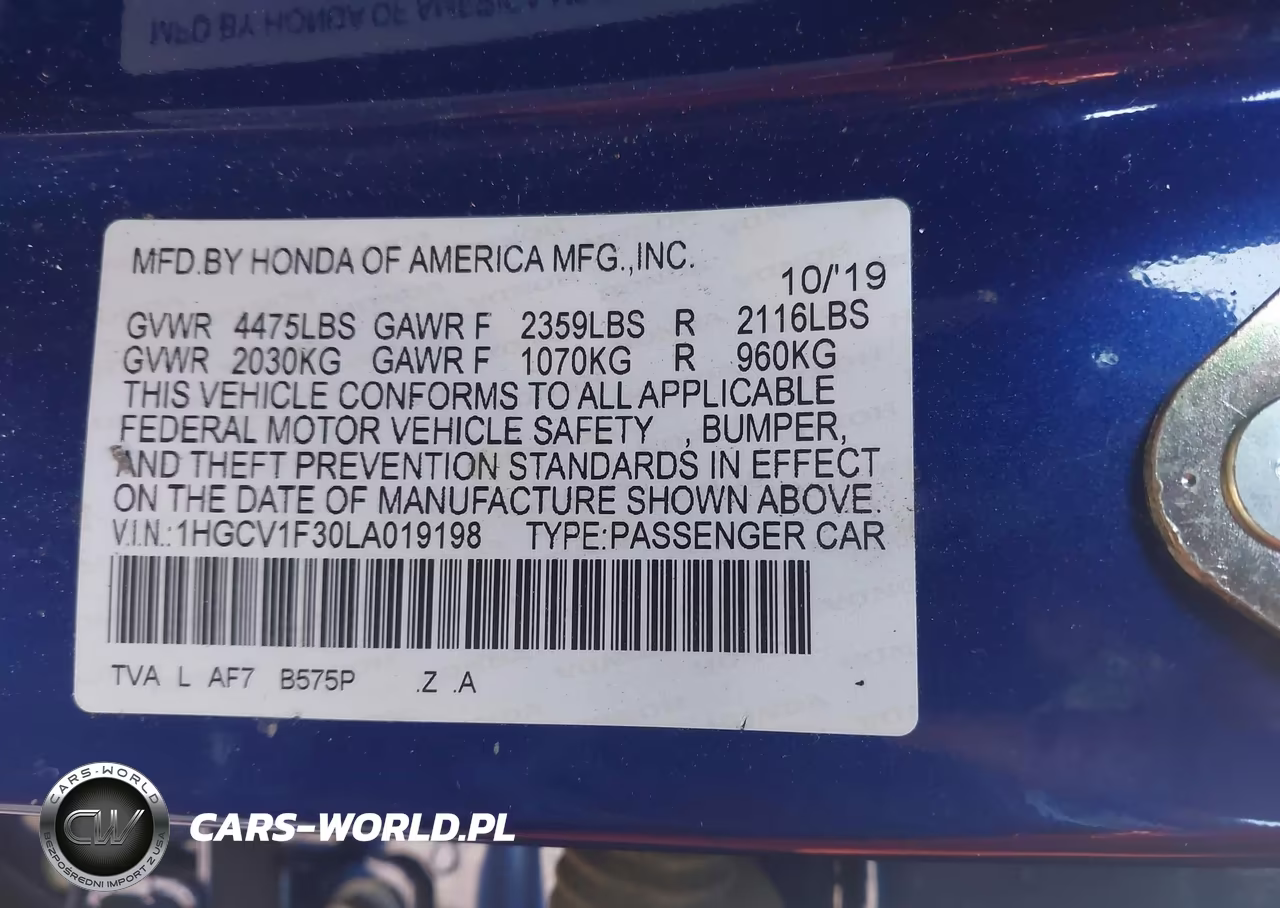 2020 Honda Accord Sport VIN:1HGCV1F30LA019198 - 9
