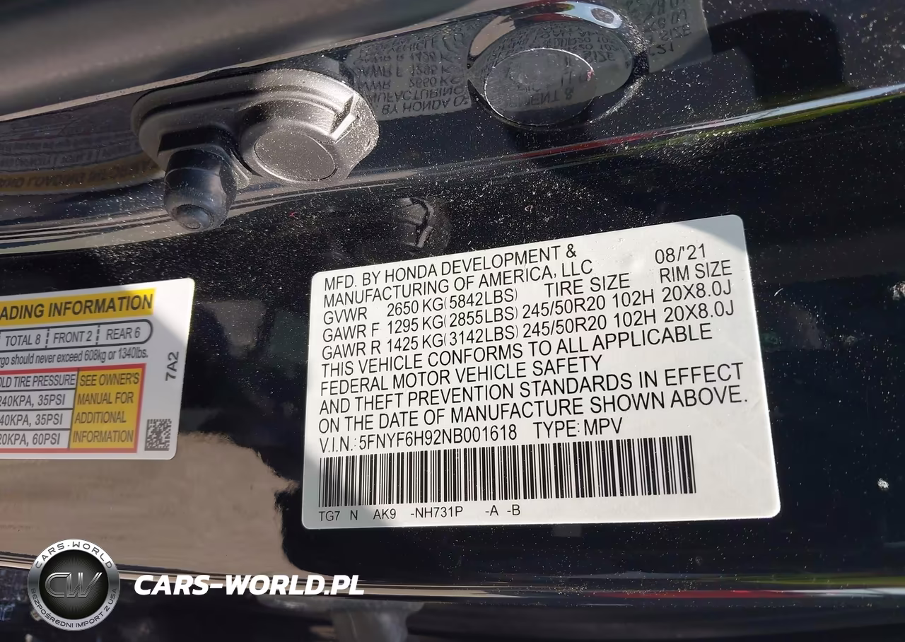 2022 Honda Pilot Awd Touring 8 Passenger VIN:5FNYF6H92NB001618 - 9