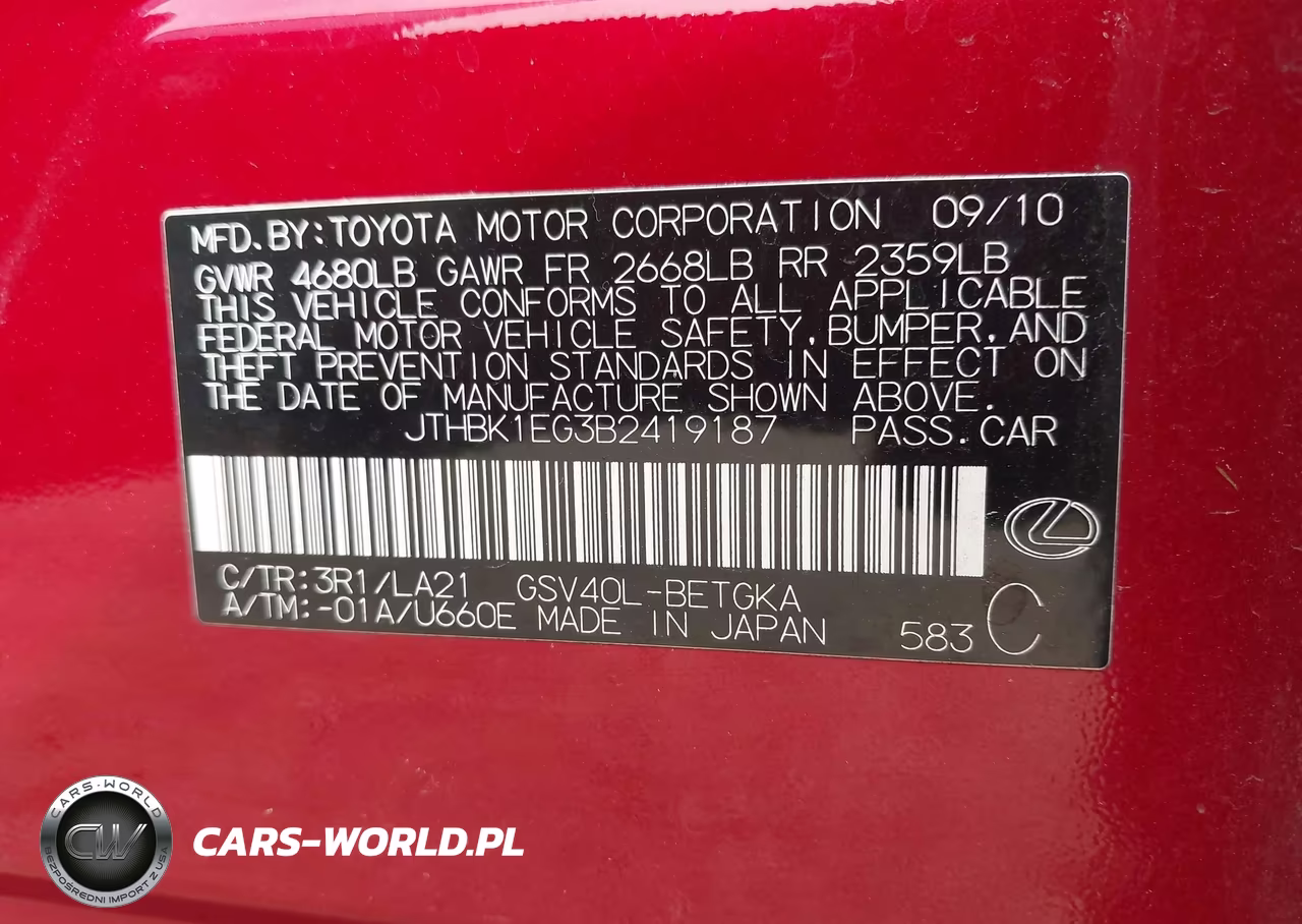 2011 Lexus Es 350 VIN:JTHBK1EG3B2419187 - 9
