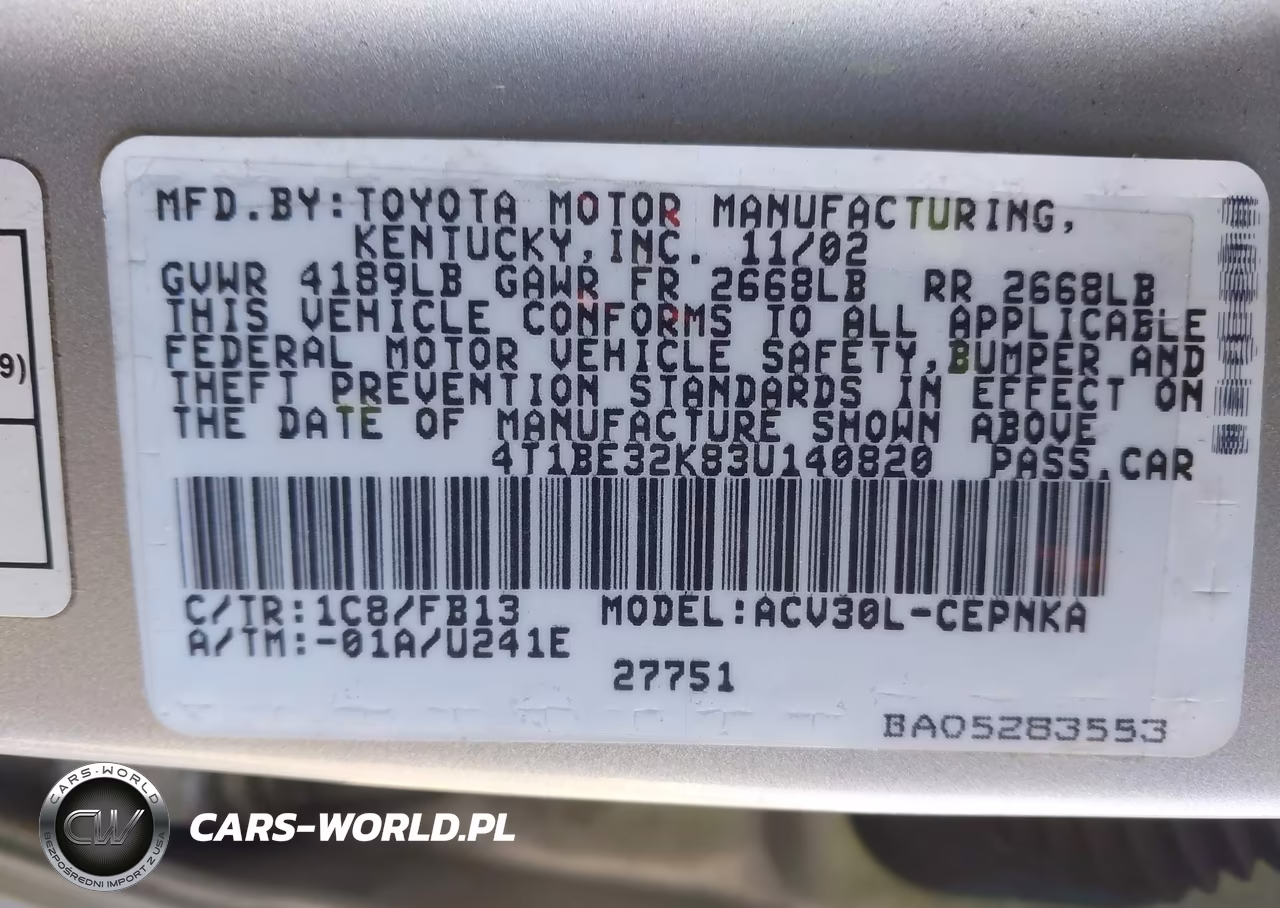 2003 Toyota Camry Le VIN:4T1BE32K83U140820 - 9
