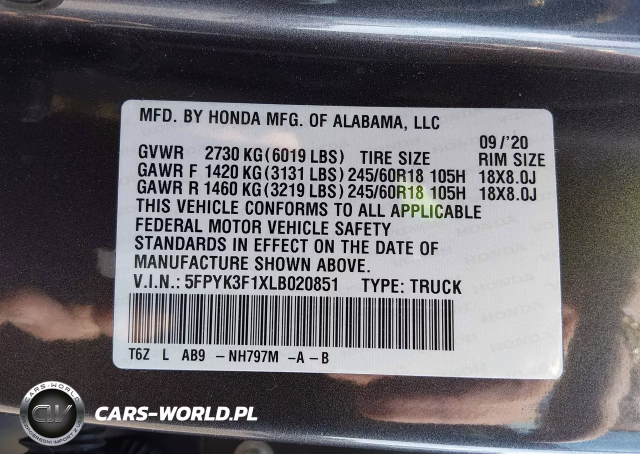 2020 Honda Ridgeline Awd Sport VIN:5FPYK3F1XLB020851 - 9