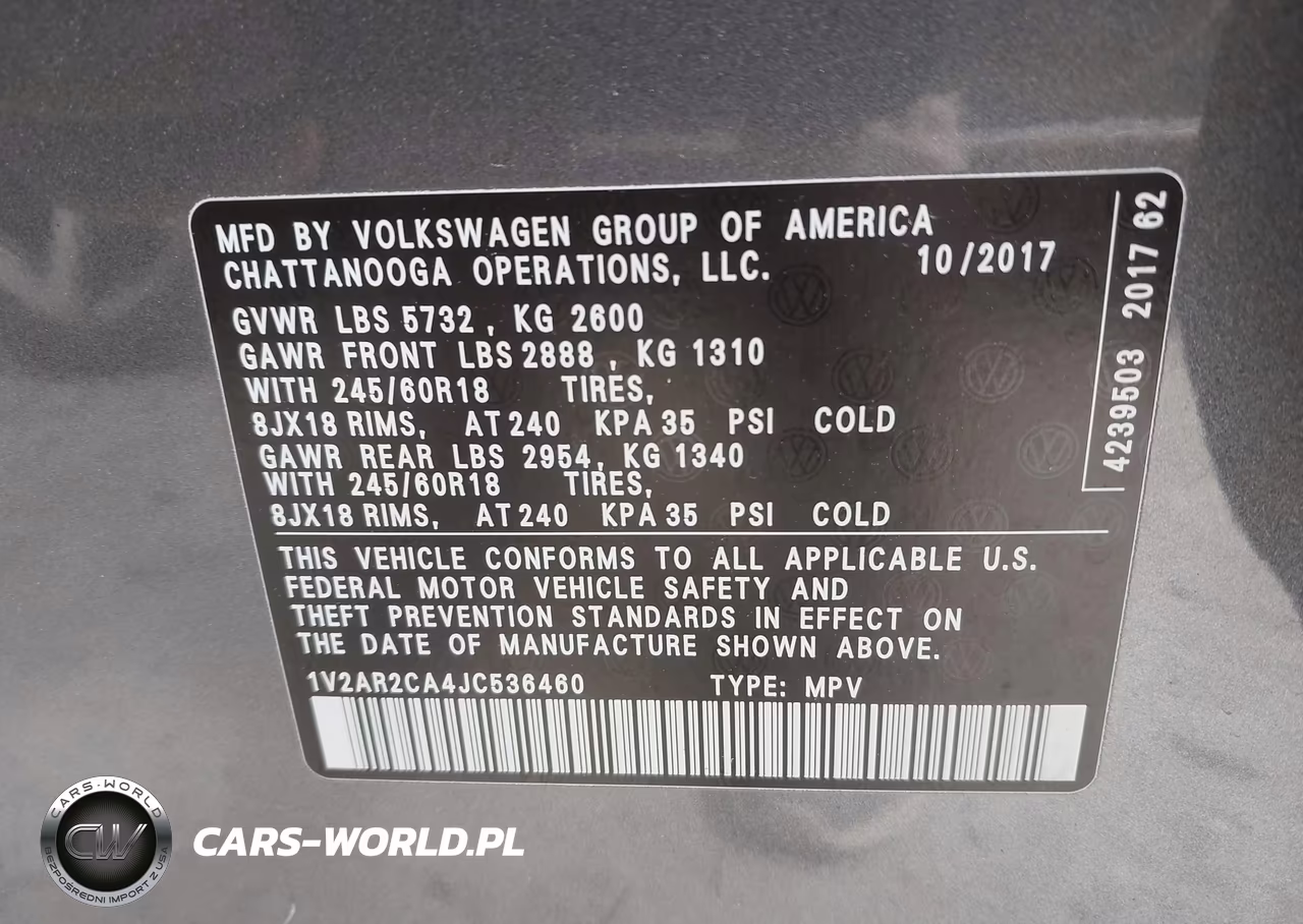 2018 Volkswagen Atlas 3.6L V6 S VIN:1V2AR2CA4JC536460 - 9