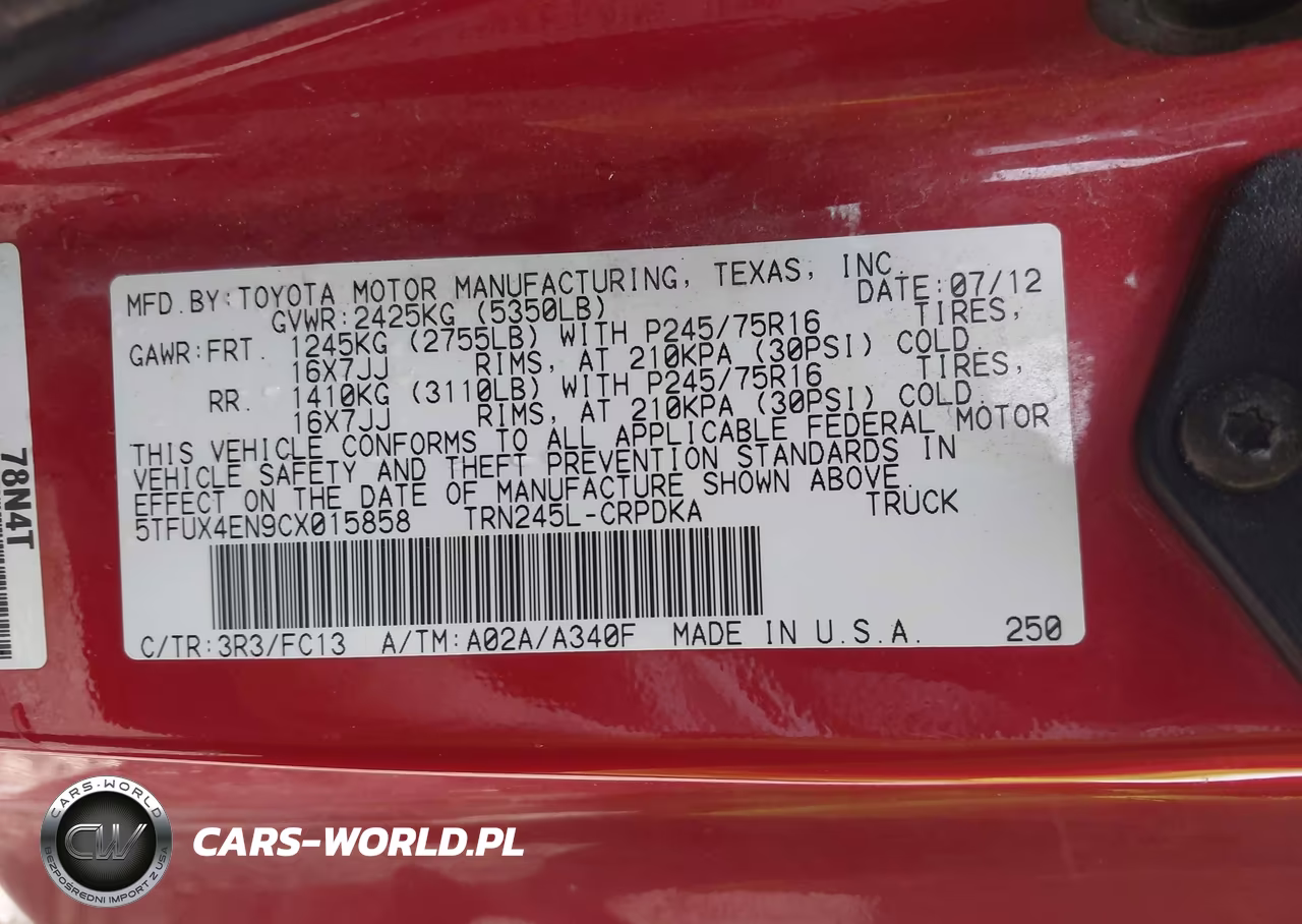 2012 Toyota Tacoma VIN:5TFUX4EN9CX015858 - 9