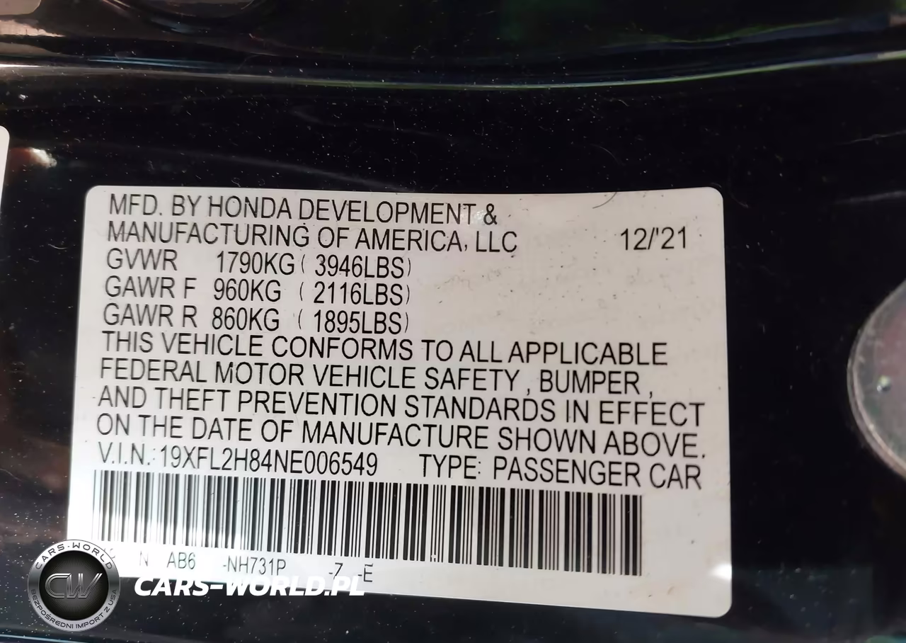 2022 Honda Civic Sport VIN:19XFL2H84NE006549 - 9