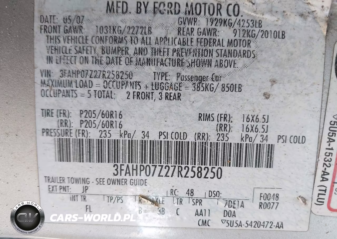 2007 Ford Fusion Se VIN:3FAHP07Z27R258250 - 9