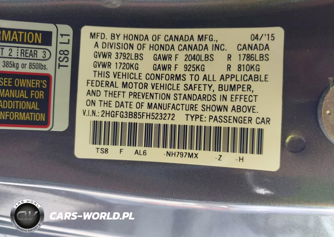 2015 Honda Civic Ex VIN:2HGFG3B85FH523272 - 9