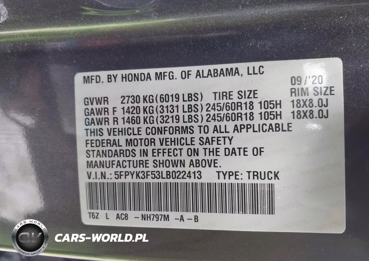 2020 Honda Ridgeline Awd Rtl VIN:5FPYK3F53LB022413 - 9