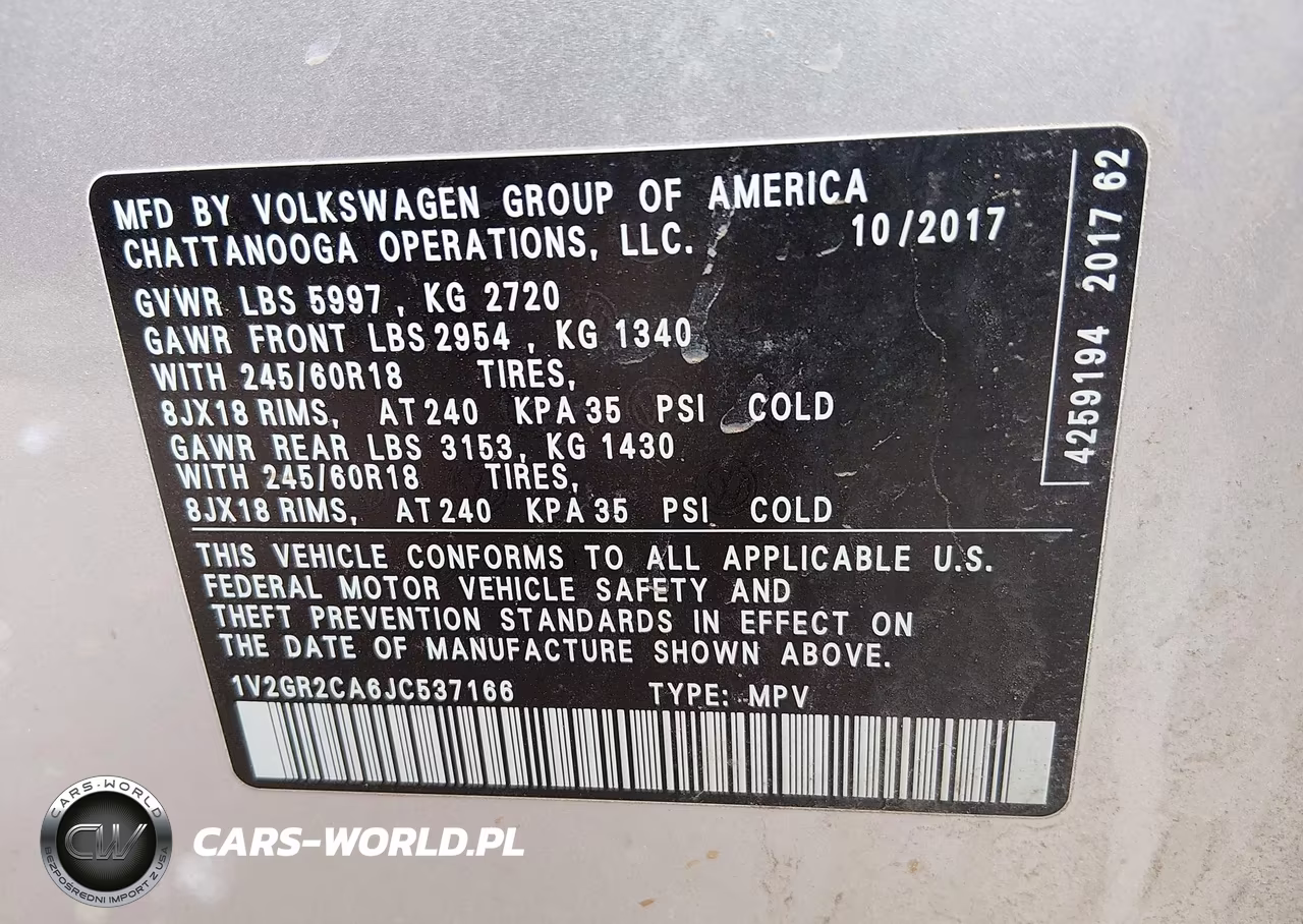 2018 Volkswagen Atlas 3.6L V6 S VIN:1V2GR2CA6JC537166 - 9