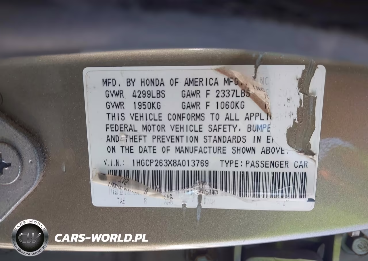 2008 Honda Accord 2.4 Lx VIN:1HGCP263X8A013769 - 9