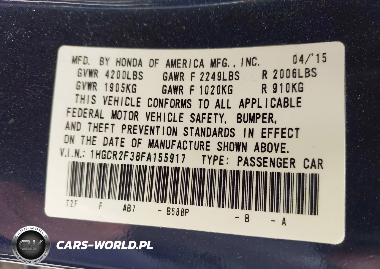 2015 Honda Accord Lx VIN:1HGCR2F38FA155917 - 9
