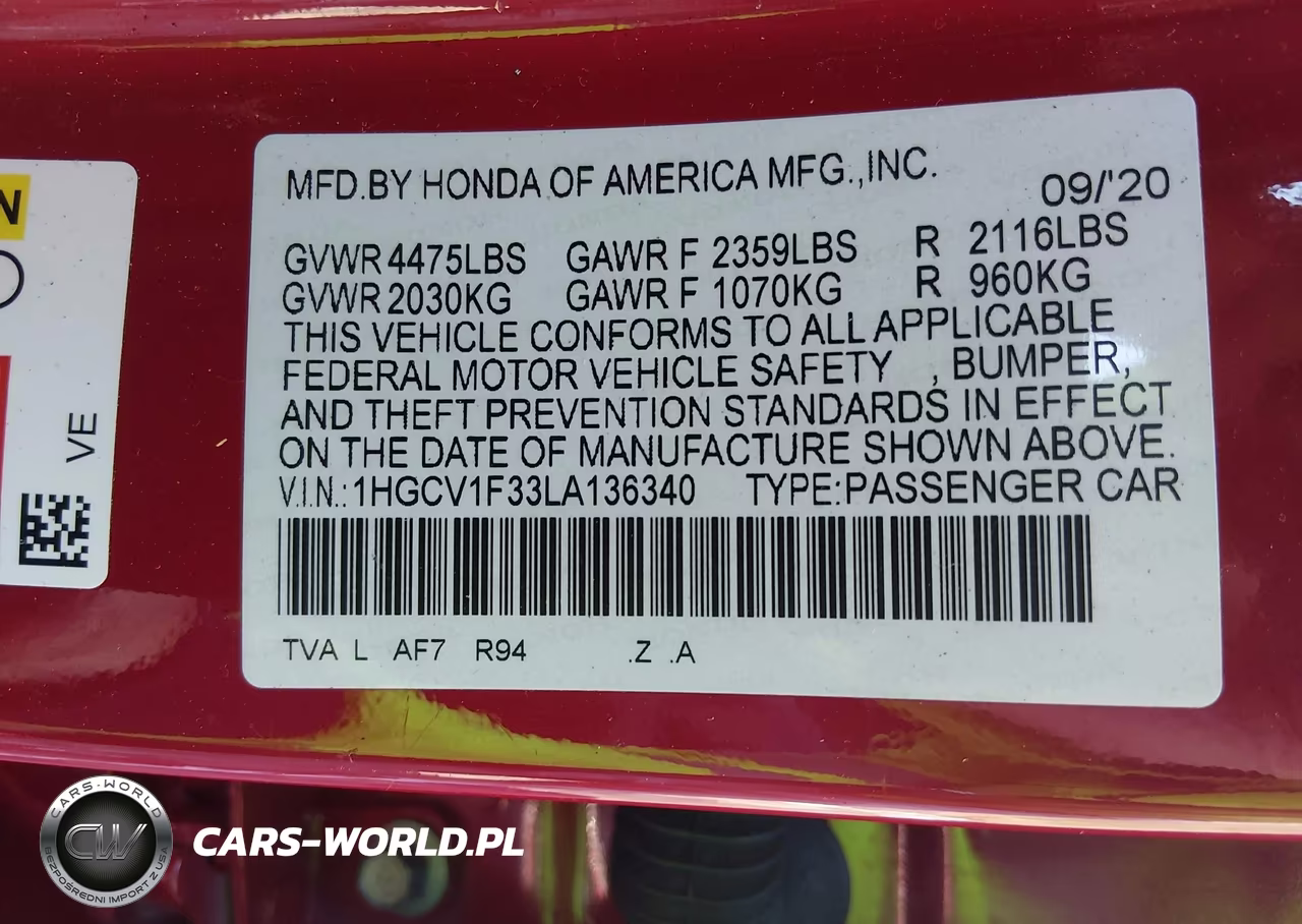 2020 Honda Accord Sport VIN:1HGCV1F33LA136340 - 9