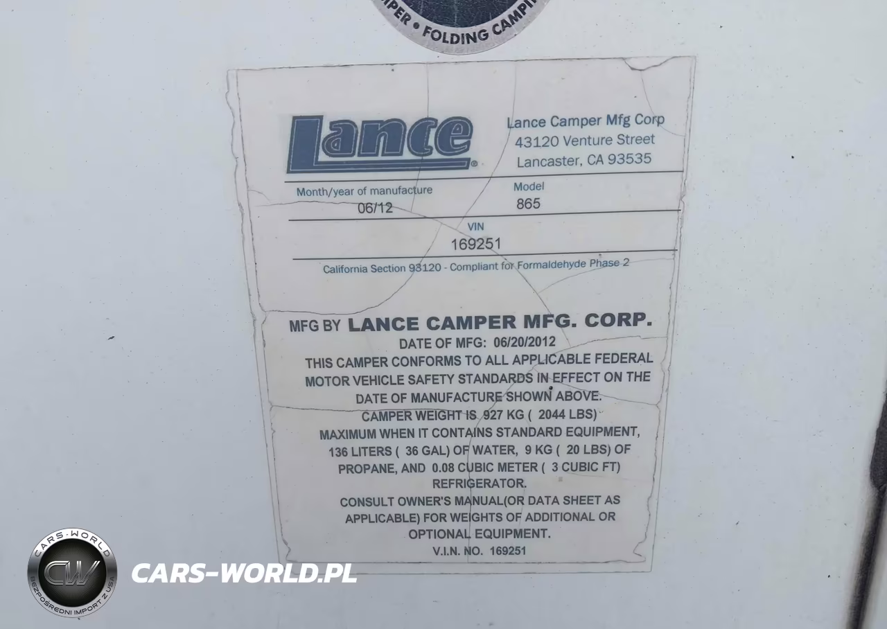 2013 Lance 865 Truck Camper VIN:169251 - 9