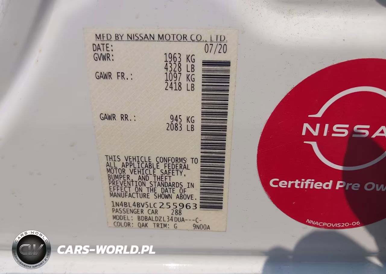 2020 Nissan Altima S Fwd VIN:1N4BL4BV5LC255963 - 9