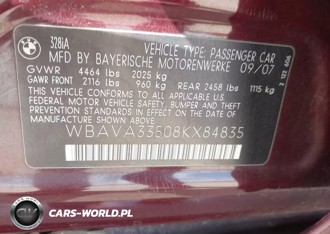 2008 BMW 328I VIN:WBAVA33508KX84835 - 9