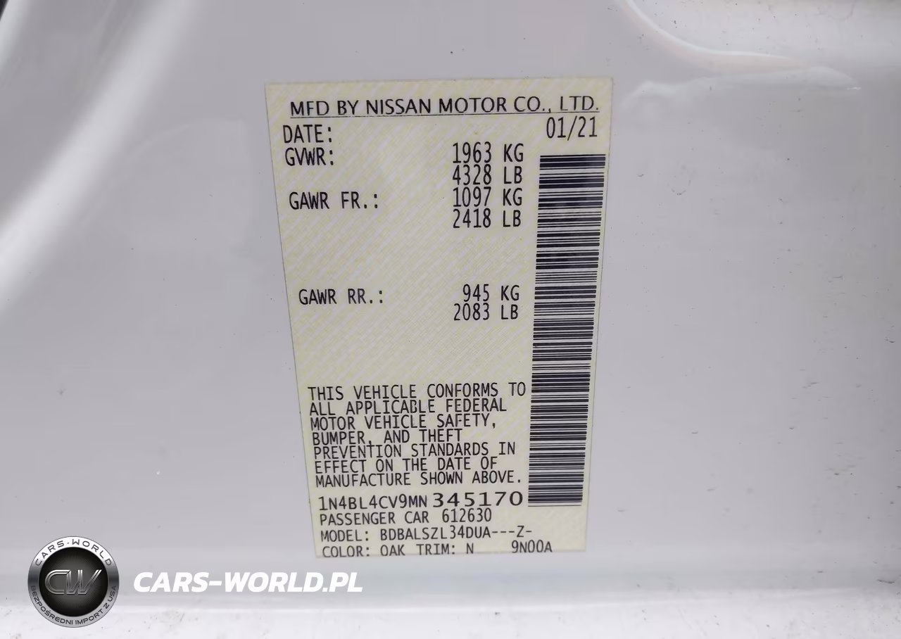 2021 Nissan Altima Sr Fwd VIN:1N4BL4CV9MN345170 - 9