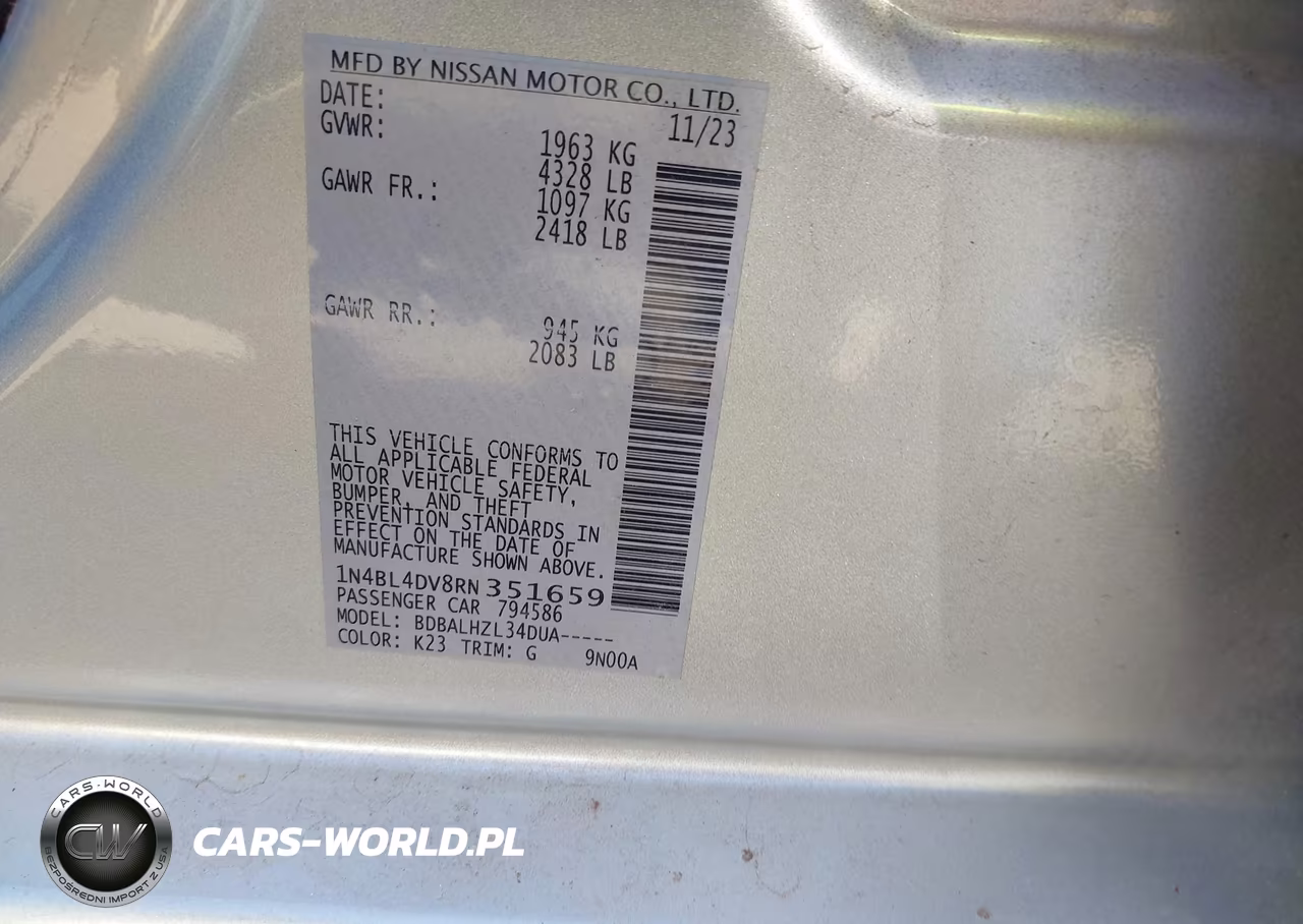 2024 Nissan Altima Sv Fwd VIN:1N4BL4DV8RN351659 - 9