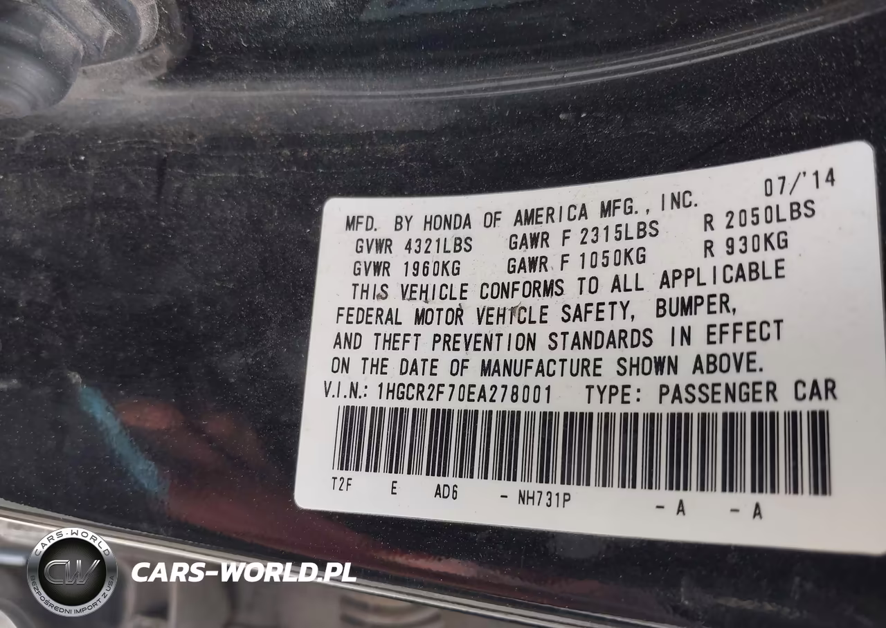 2014 Honda Accord Ex VIN:1HGCR2F70EA278001 - 9