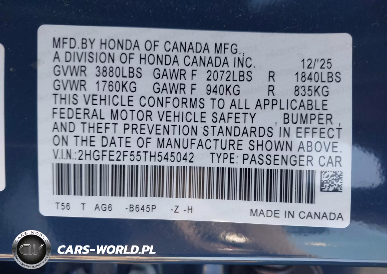 2026 Honda Civic Sport VIN:2HGFE2F55TH545042 - 9