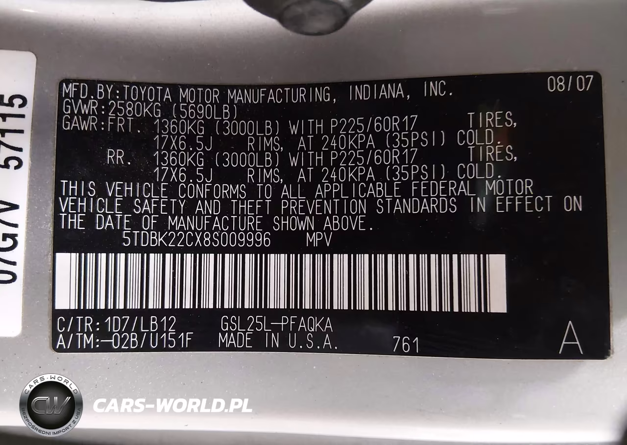 2008 Toyota Sienna Limited VIN:5TDBK22CX8S009996 - 9