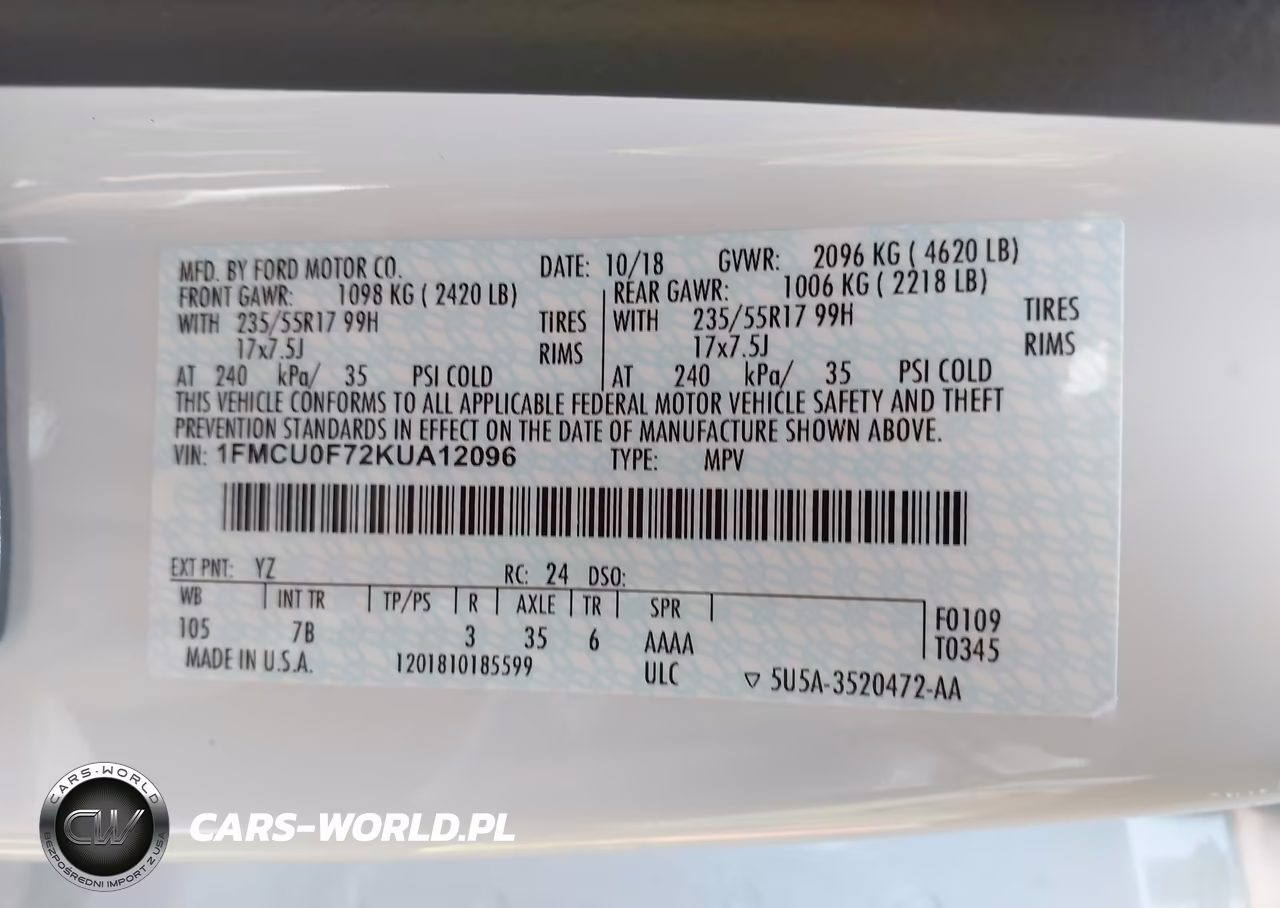 2019 Ford Escape S VIN:1FMCU0F72KUA12096 - 9
