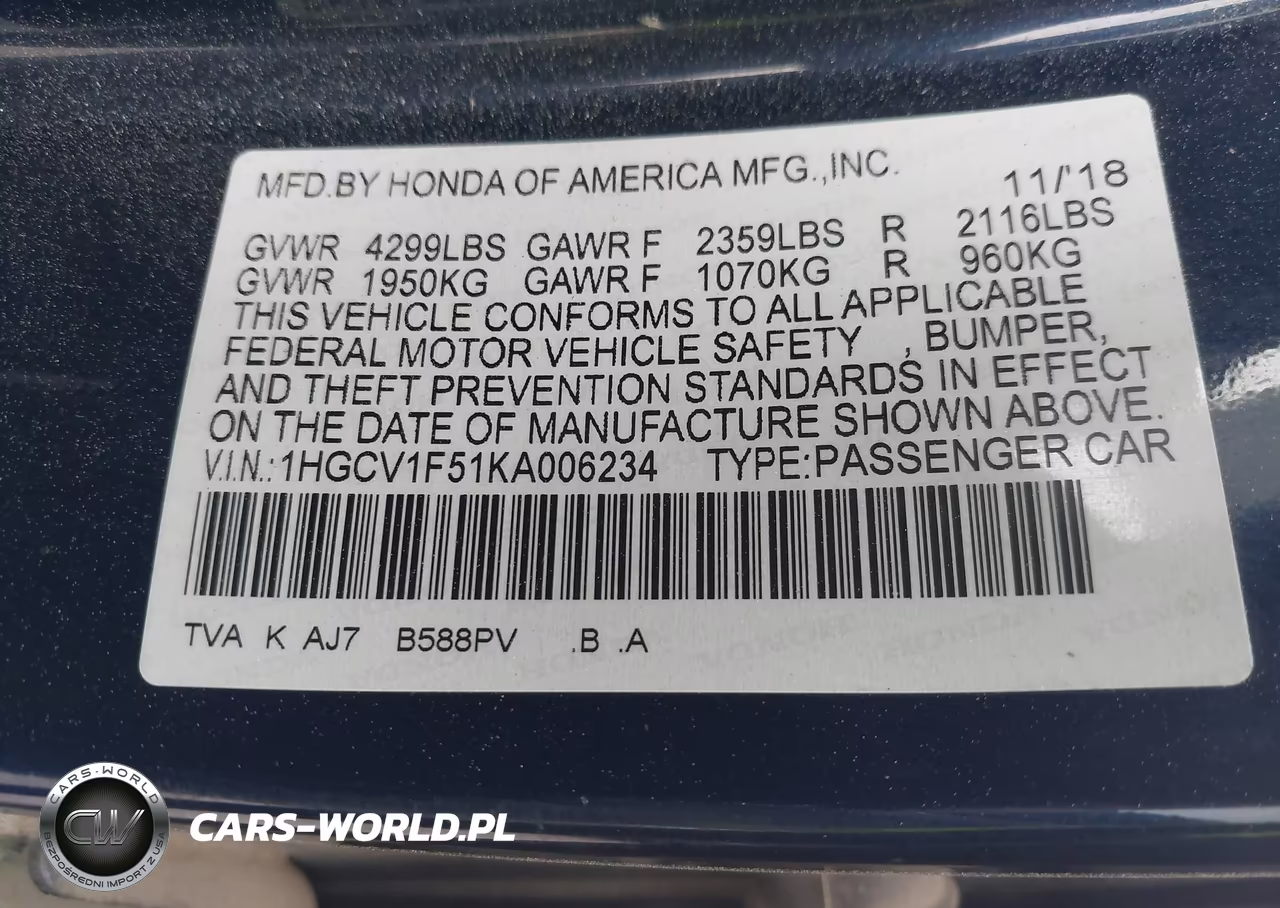 2019 Honda Accord Ex-L VIN:1HGCV1F51KA006234 - 9