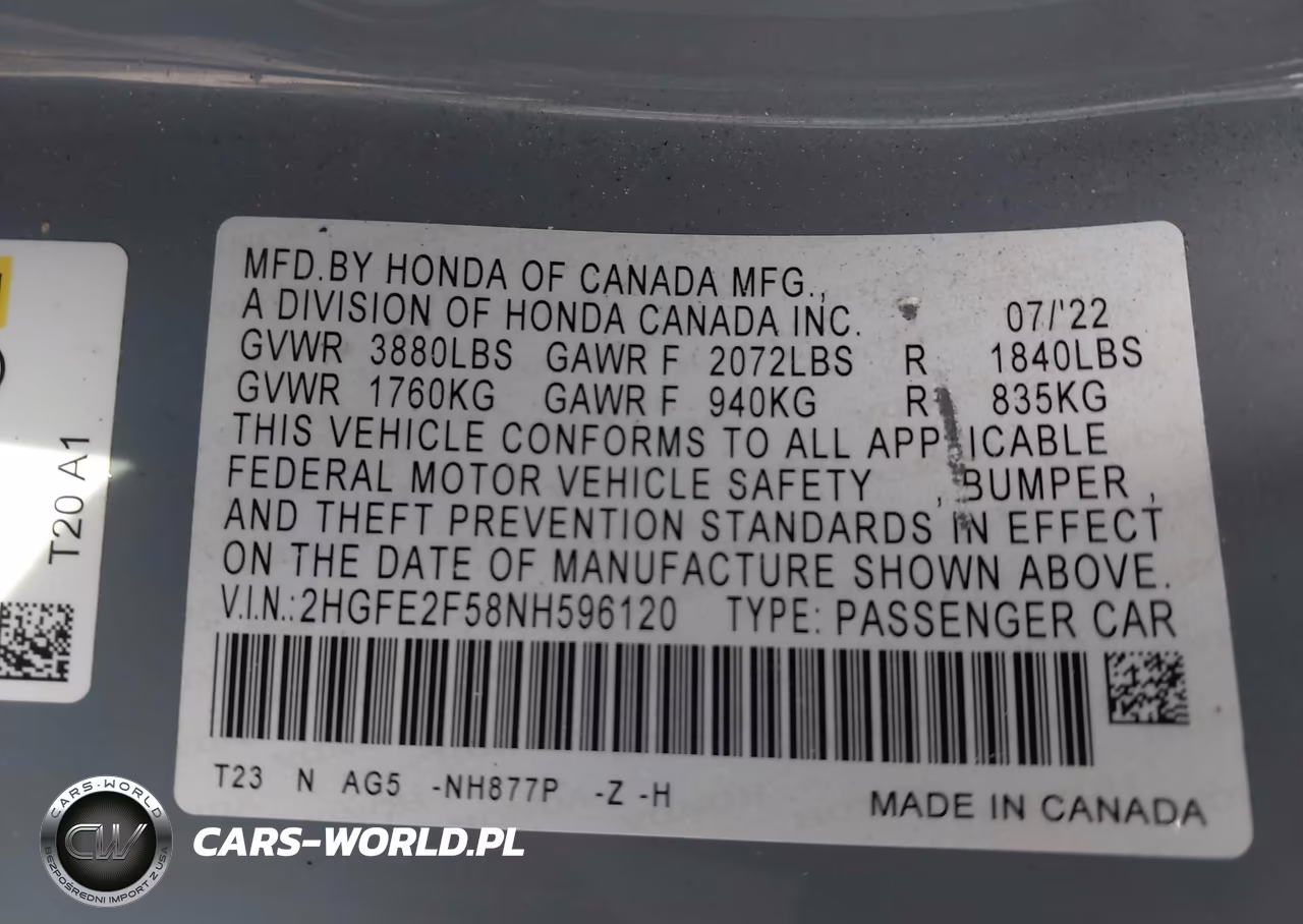 2022 Honda Civic Sport VIN:2HGFE2F58NH596120 - 9