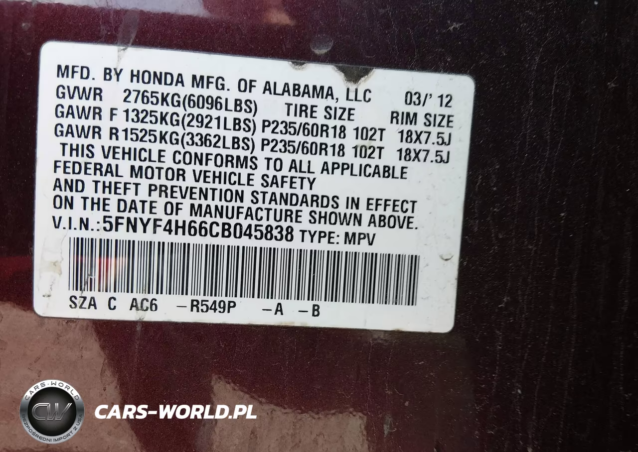 2012 Honda Pilot Ex-L VIN:5FNYF4H66CB045838 - 9