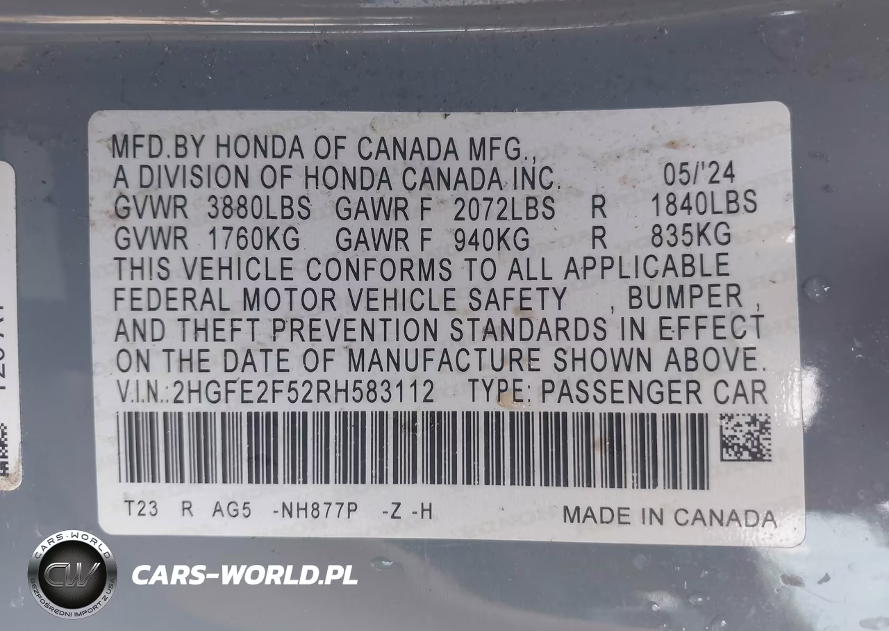 2024 Honda Civic Sport VIN:2HGFE2F52RH583112 - 9