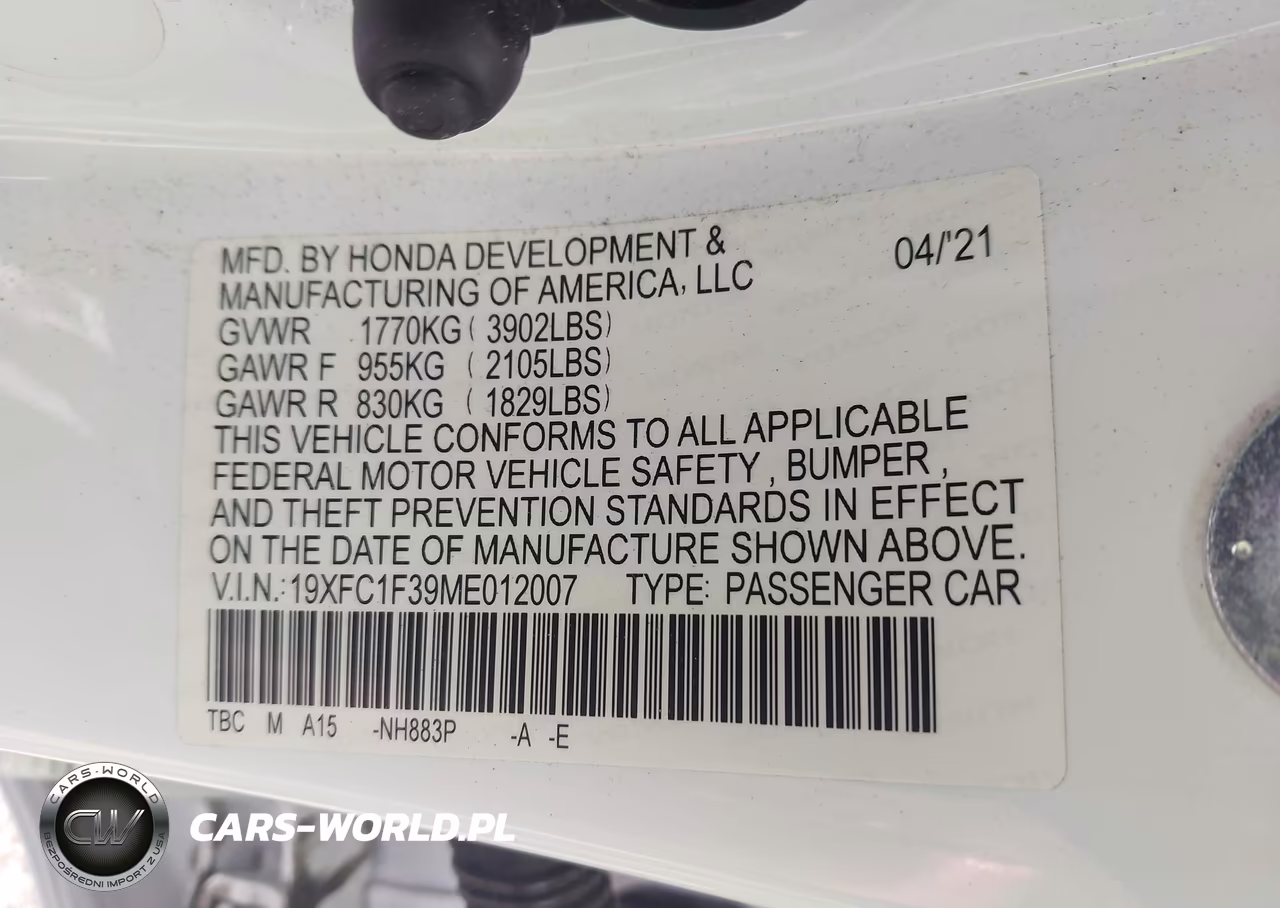 2021 Honda Civic Ex VIN:19XFC1F39ME012007 - 9