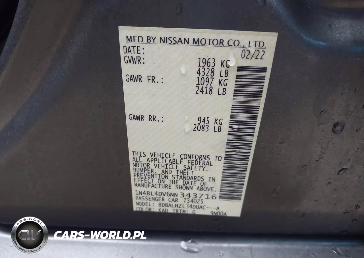 2022 Nissan Altima Sv Fwd VIN:1N4BL4DV6NN343716 - 9