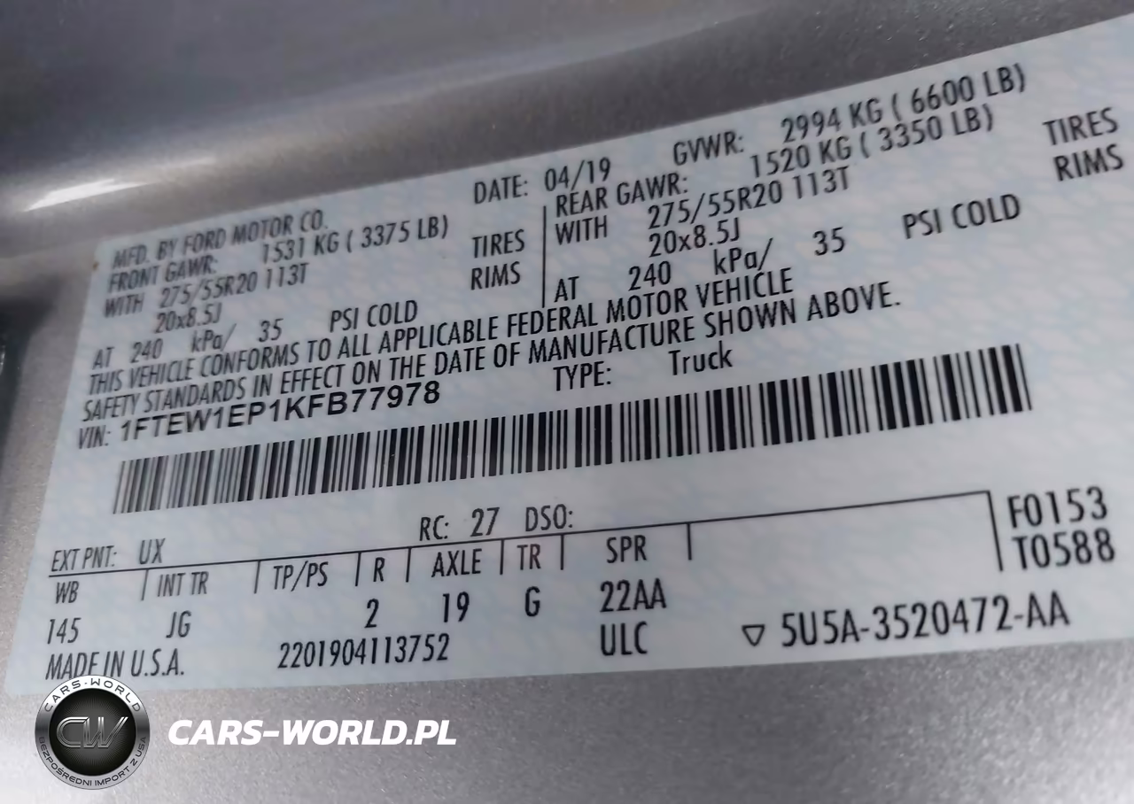 2019 Ford F-150 Xl VIN:1FTEW1EP1KFB77978 - 9