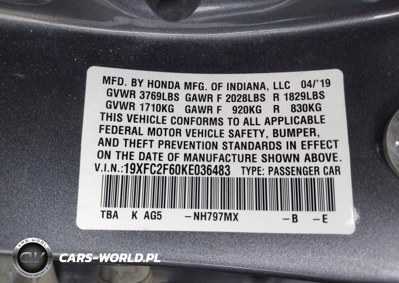 2019 Honda Civic Lx VIN:19XFC2F60KE036483 - 9
