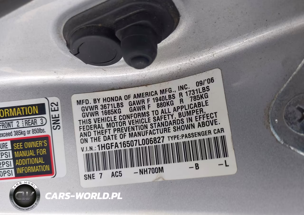 2007 Honda Civic Lx VIN:1HGFA16507L006827 - 9